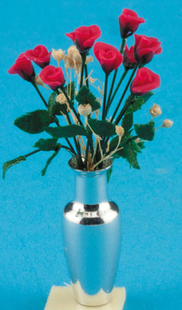 Dollhouse Miniature Dozen Dark Pink Roses In Alum Vase